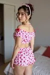 Women's Pink Strawberry Print Pyjama Set — Bow Detail Bustier Top & Short Shorts