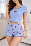 Women's Blue Strawberry Print Pyjama Set — Waffle Ribbed Fabric, Short Sleeve Top & Shorts
