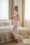 Women's Pink Winter Pyjama Set — Heart Print, Suede-Touch Fabric & Button Shirt Collar