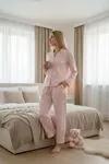Women's Pink Winter Pyjama Set — Heart Print, Suede-Touch Fabric & Button Shirt Collar