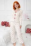 Women's Heart Print Pyjama Set — Bow Detail, Button-Front Long Sleeve, Interlock Fabric
