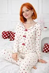Women's Heart Print Pyjama Set — Bow Detail, Button-Front Long Sleeve, Interlock Fabric