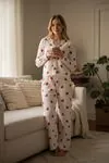 Women's White Waffle Knit Pyjama Set — Heart Print, Bow Detail & Long Sleeve
