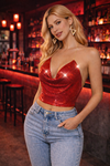 Kadın Kırmızı Parlak Taşlı Payetli Mini Crop Kayık Yaka Seksi Zincirli Bluz Zırh Büstiyer