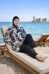 Women's Black & White Full-Coverage Modest Swimsuit — Zip-Front, Parachute Fabric & Piped Detail