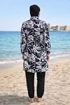 Women's Black & White Full-Coverage Modest Swimsuit — Zip-Front, Parachute Fabric & Piped Detail