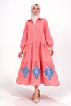 Women's 100% Cotton Pink Modest Shirt Dress — Blue Embroidery, Pocketed & One Size