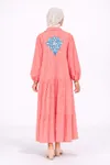 Women's 100% Cotton Pink Modest Shirt Dress — Blue Embroidery, Pocketed & One Size