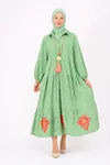 Women's 100% Cotton Green Modest Shirt Dress — Embroidered, Pocketed & One Size