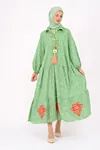 Women's 100% Cotton Green Modest Shirt Dress — Embroidered, Pocketed & One Size