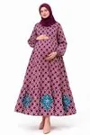 Women's Burgundy Modest Maternity Dress — Button-Front, Turquoise Embroidery & Pockets