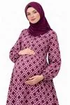 Women's Burgundy Modest Maternity Dress — Button-Front, Turquoise Embroidery & Pockets