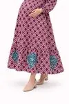 Women's Burgundy Modest Maternity Dress — Button-Front, Turquoise Embroidery & Pockets