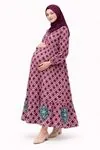 Women's Burgundy Modest Maternity Dress — Button-Front, Turquoise Embroidery & Pockets