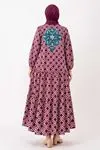 Women's Burgundy Modest Maternity Dress — Button-Front, Turquoise Embroidery & Pockets