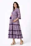 Women's 100% Cotton Purple Boho Maternity Dress — Tassel Tie, Pom-Pom & Ethnic Print