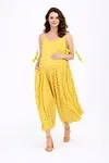 Women's Yellow Polka Dot Maternity Jumpsuit Dress — Pom-Pom Detail, Cotton & Viscose
