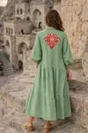 %100 Pamuklu Gizli Cepli ve Nakışlı Desenli Yeşil Hamile Gömlek Elbise