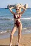Terracotta Brown Deep Plunge Ring Detail Monokini Swimsuit