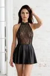 Women’s Black Satin Lace Nightdress Halter Neck Mini Dress