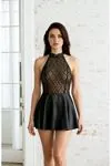 Women’s Black Satin Lace Nightdress Halter Neck Mini Dress
