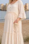 Women’s Raw Cotton Maternity Dress Ecru Boho Maxi Lined with Pockets Summer Dress