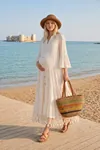 Women’s Raw Cotton Maternity Shirt Dress Ecru Boho Tassel Detail Long Summer Dress