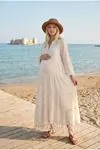 Women’s Raw Cotton Maternity Shirt Dress Ecru Boho Tassel Detail Long Summer Dress