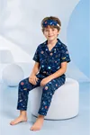 Boys Navy Space-Themed Button-Up Pajama Set Summer Cotton Short Sleeve with Sleep Mask