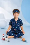 Boys Navy Space-Themed Button-Up Pajama Set Summer Cotton Short Sleeve with Sleep Mask