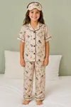 Girls Bunny and Fairy Print Button Up Pajama Set Summer Cotton Short Sleeve with Sleep Mask