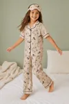 Girls Bunny and Fairy Print Button Up Pajama Set Summer Cotton Short Sleeve with Sleep Mask