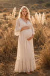 Beige Maternity Dress Lace 100% Raw Cotton Italian Fabric Summer Long Outdoor Photoshoot Special Occasion Style