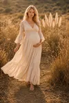 Beige Maternity Dress Lace 100% Raw Cotton Italian Fabric Summer Long Outdoor Photoshoot Special Occasion Style