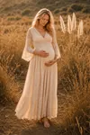 Beige Maternity Dress Lace 100% Raw Cotton Italian Fabric Summer Long Outdoor Photoshoot Special Occasion Style