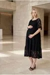 Kadın Siyah Hamile Elbisesi Midi Boy Pamuklu Dantelli Yazlık Astarlı İtalyan Kumaş