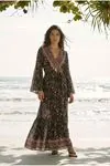 Çiçekli Siyah Viskon Kimono Elbise Yazlık Uzun Kruvaze Yaka Kuşaklı Bohem Model