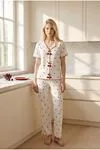 Kadın Kiraz Düğmeli Desenli Pijama Takımı Beyaz Yazlık Kısa Kollu Fitilli Model