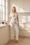 Kadın Kiraz Düğmeli Desenli Pijama Takımı Beyaz Yazlık Kısa Kollu Fitilli Model