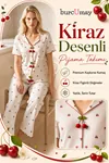 Kadın Kiraz Düğmeli Desenli Pijama Takımı Beyaz Yazlık Kısa Kollu Fitilli Model