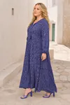 Plus Size Women Navy Viscose Dress Tassel Neck Summer Long Sleeve Ditsy Floral Print