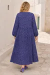 Plus Size Women Navy Viscose Dress Tassel Neck Summer Long Sleeve Ditsy Floral Print