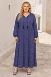 Plus Size Women Navy Viscose Dress Tassel Neck Summer Long Sleeve Ditsy Floral Print