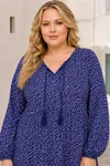 Plus Size Women Navy Viscose Dress Tassel Neck Summer Long Sleeve Ditsy Floral Print
