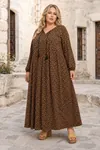 Plus Size Women Black Viscose Dress Tassel Neck Summer Long Sleeve Floral Print