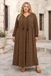 Plus Size Women Black Viscose Dress Tassel Neck Summer Long Sleeve Floral Print