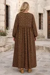 Plus Size Women Black Viscose Dress Tassel Neck Summer Long Sleeve Floral Print