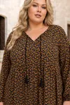 Plus Size Women Black Viscose Dress Tassel Neck Summer Long Sleeve Floral Print