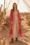Red Floral Viscose Kimono Dress Summer Long Wrap Neck Belted Boho Model