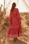 Red Floral Viscose Kimono Dress Summer Long Wrap Neck Belted Boho Model